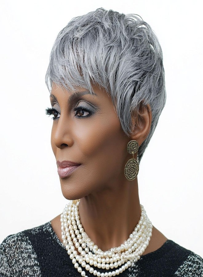 MOONSHOW Short Grey Pixie Wigs for Black Women Short Gray Pixie Wig Pixie Cut Wigs for Black Women Synthetic Glueless Layered Wig with Bangs for Women - Image 1